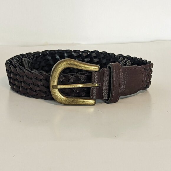 Vintage Woven Braided Leather Belt Brown Gold Brass Tone Buckle Preppy - Picture 4 of 4